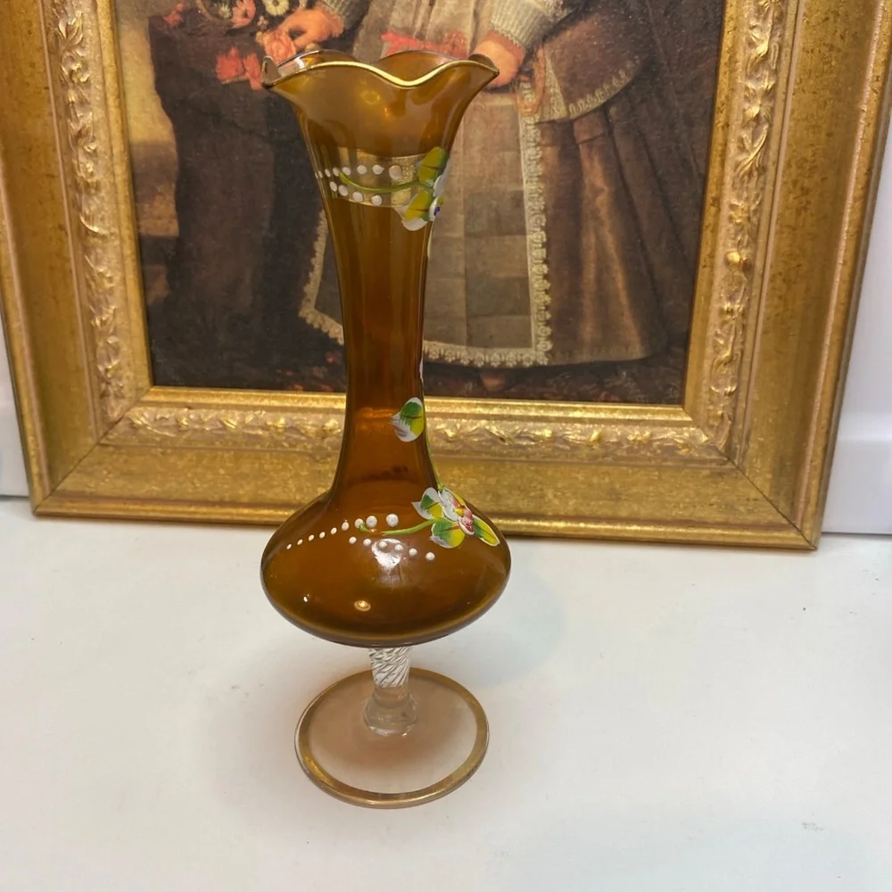 Art Glass Bud Vase Hand Painted Enamel Floral Amber Glass Twisted Stem 8